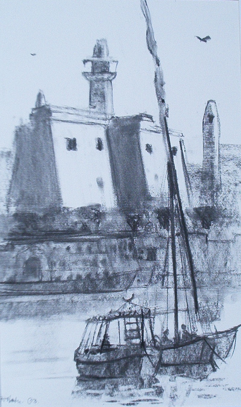 Pastel drawing of the pylons at Luxor Temple